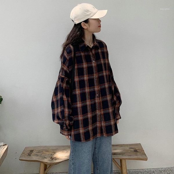 

boyfriend style autumn orange plaid oversize shirt woman casual drop shoulder cotton women plus size loose fitting shirts1, White