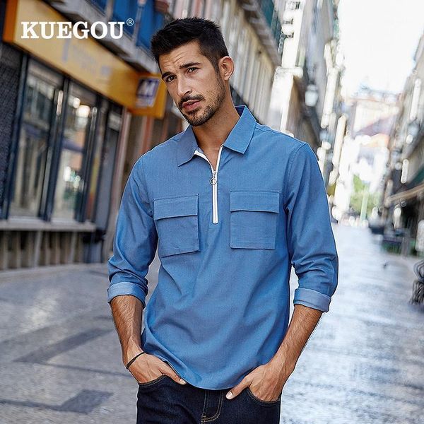 

kuegou autumn cotton stretch shirts long sleeve men leisure streetwear spring men's shirt fashion blue plus size bc-205071, White;black