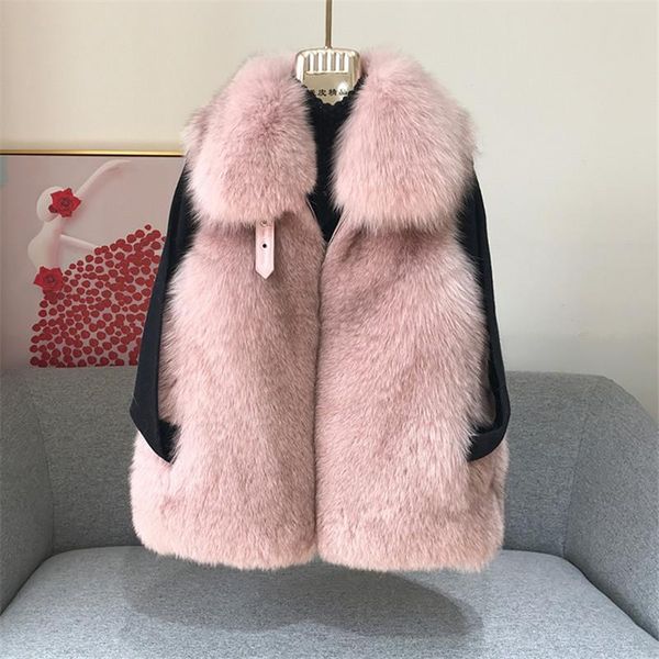 

fursarcar 2020 genuine motorcycle leather fur vest with collar real natrual fur for women winter whole skin waistcoat, Black