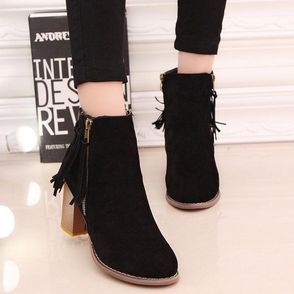 

boots pointed toe fringe tassel mid heel short ankle women shoes1, Black