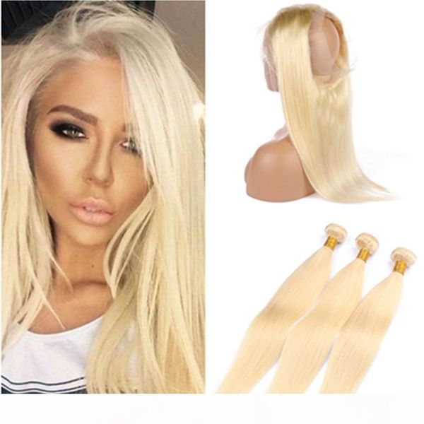 

blonde peruvian virgin hair weaves body wave human hair 3bundles with 360 lace frontal #613 bleach blonde hair extensions with 360 closure, Black;brown