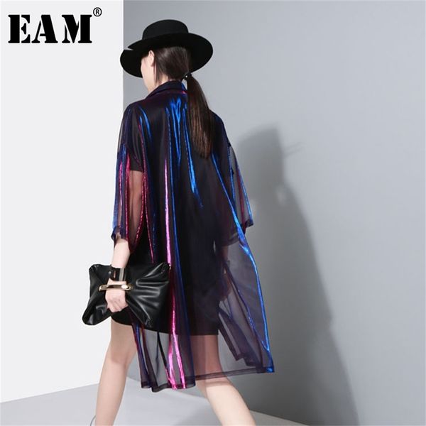 

[eam] new spring summer lapel three-quarter sleeve green shing perspective loose big size shirt women blouse fashion lj200812, White