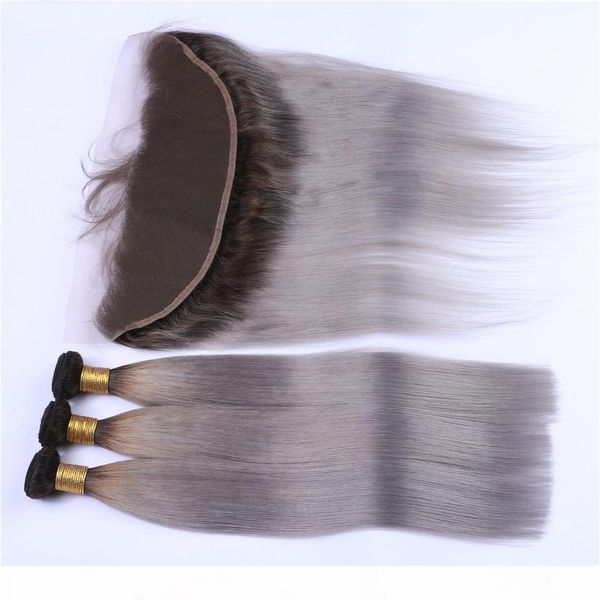 

two tone 1b grey ombre 13x4 lace frontal closure with bundles straight ombre silver grey human hair extensions with frontal 4pcs lot, Black;brown
