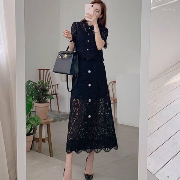 

elegant lace women 2 piece sets single breasted short blouse + high waist long skirt office ladies summer suits sets1, White
