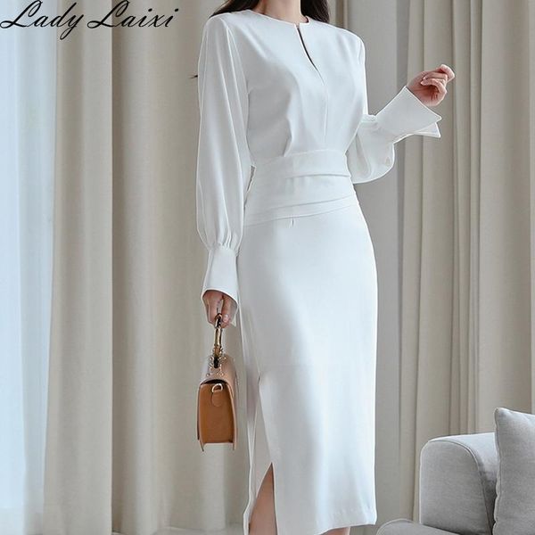 

casual dresses 2021 spring solid white women slim office bodycon pencil elegant midi long party dress, Black;gray