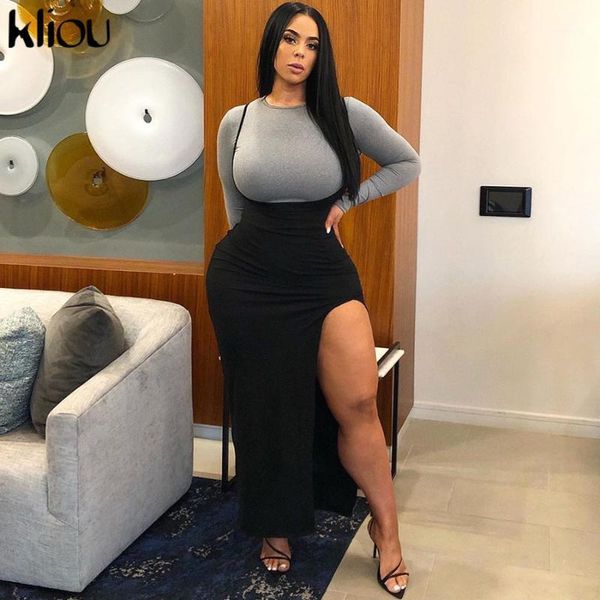 

kliou woman black high elastic sleeveless sling slim fit backless dress 2020 new casual high split streetwear bodycon dress1, Black;gray