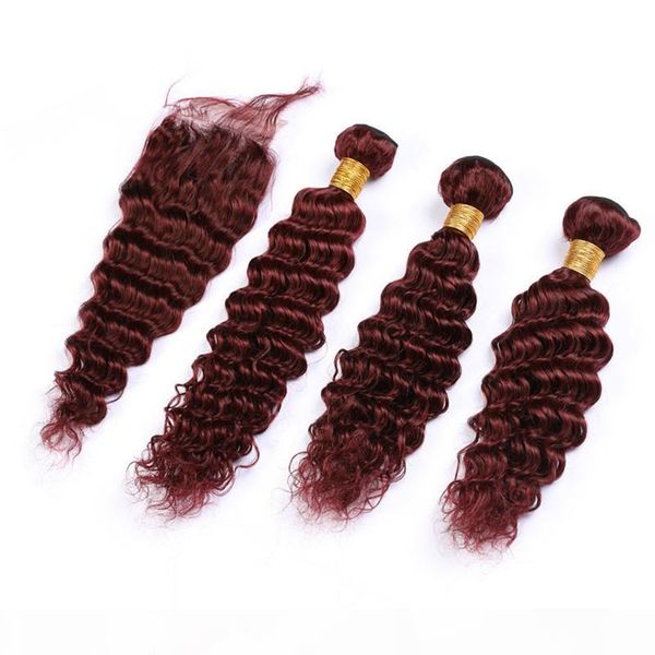 

pure 99j deep wave hair weaves wine red virgin hair bundles with closure burgundy red deep wavy indian human hair lace closure 4x4, Black;brown