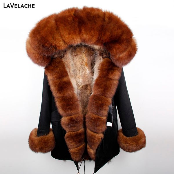 

lavelache new plus size winter jacket long women luxurious large real fox fur coat oversize streetwear 201103, Black