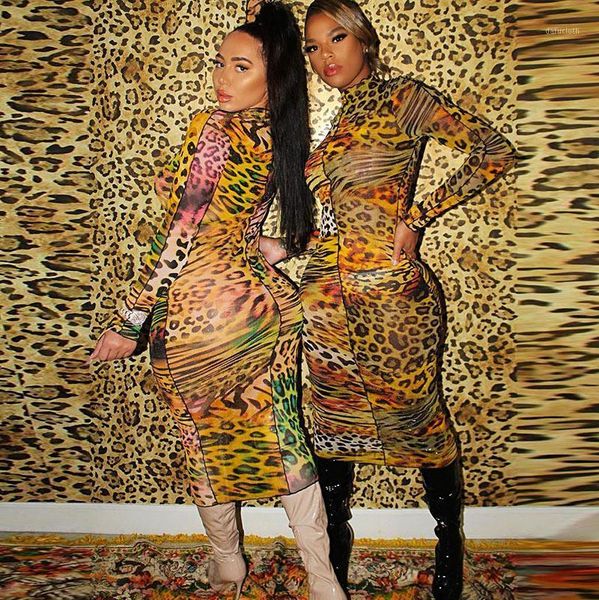 

omsj animal print slim long sleeve turtleneck bodycon pencil midi dress autumn women fashion leopard going out club outfits1, Black;gray