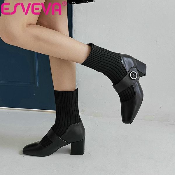 

esveva 2021 slip on elegant pu+leather ankle boots women boots winter women shoes pointed toe square high heel size 34-40, Black