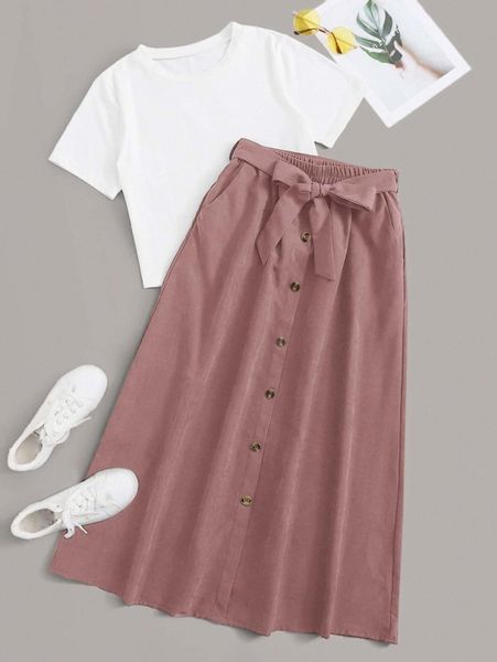 

solid tee & self tie button front skirt h0rp#, White