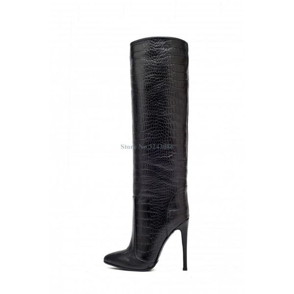 

boots pointed toe black leather stone pattern thin high heel brick red gray brown suede mid calf women botas mujer