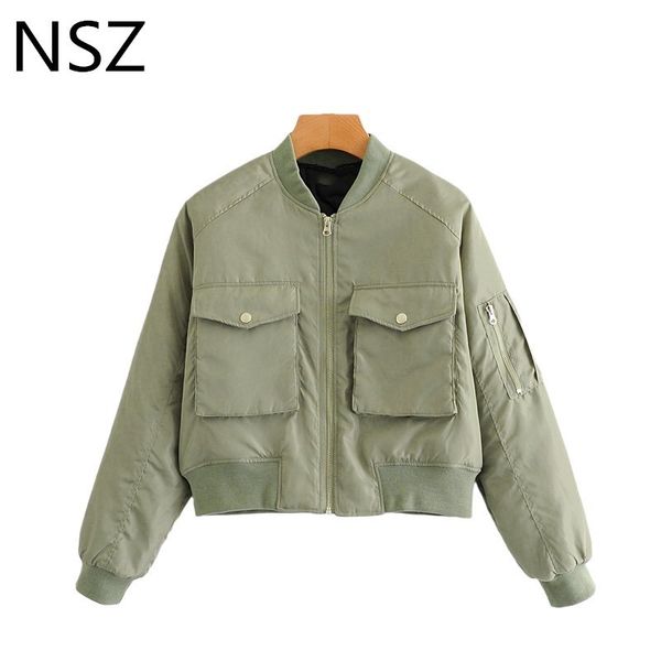 

nsz women military green moto biker bomber pilot jacket cropped long sleeve female oversized coat outerwear chaquetas mujer 201023, Black;brown