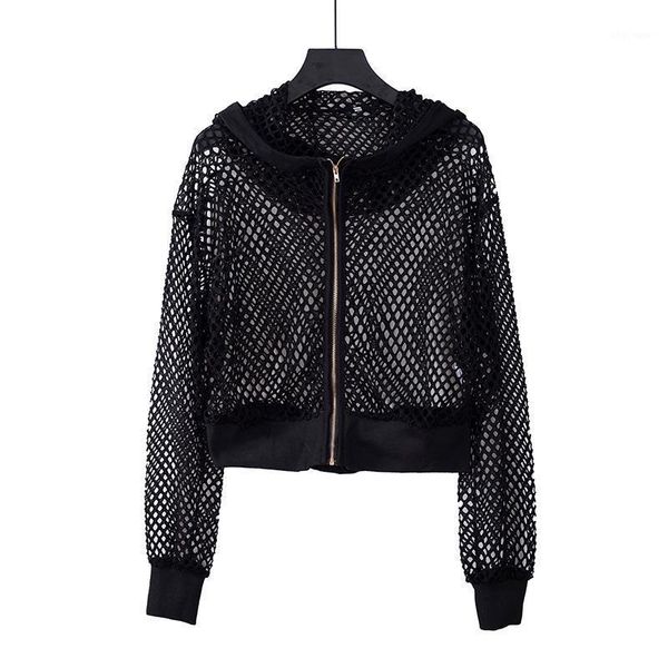 

neatie kiddie black hollow out perspective streetwear jacket coat women's clothes hooded zipper loose outwear1, Black;brown