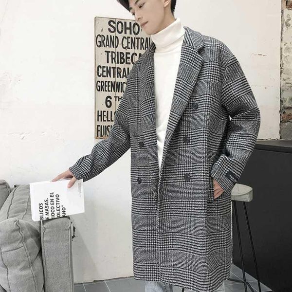 

handsome men's double-breasted coat 2020 new autumn and winter thick windbreaker mid-length plaid warm jacket1, Black