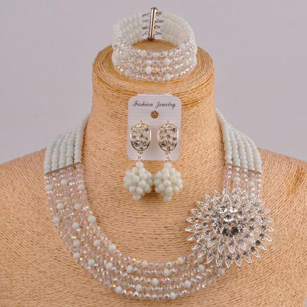 

white and transparent clear ab costume necklace african set crystal beaded nigerian wedding set african jewelry 5sz, Silver