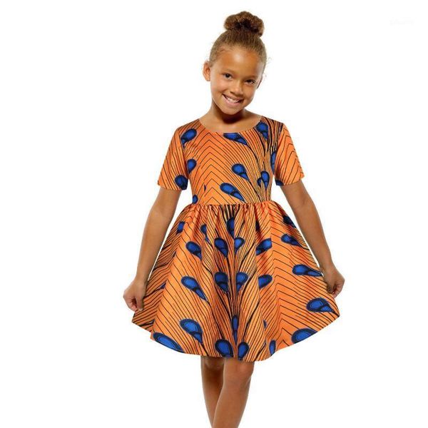 

2020 summer design african kids clothing vintage printed girls dress knee length dresses short sleeve 5-12 years old1, Red