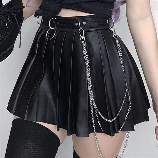 

goth dark grunge punk summer gothic skirts for women streetwear zippper rivet pleated black metal ring skirt pu mini skirts