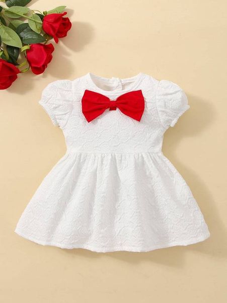 

baby jacquard bow front puff sleeve dress she, Red;yellow