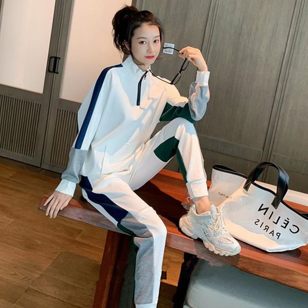 

korean casual leisure training women's correspondence sets piece assembly and hoodies + femme deux joint pants v799, White