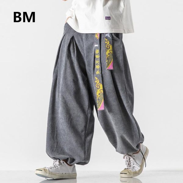 

chinese style belt fashion loose baggy casual pants men clothing 2020 harajuku corduroy bloomers 5xl plus size harem pants male, Black