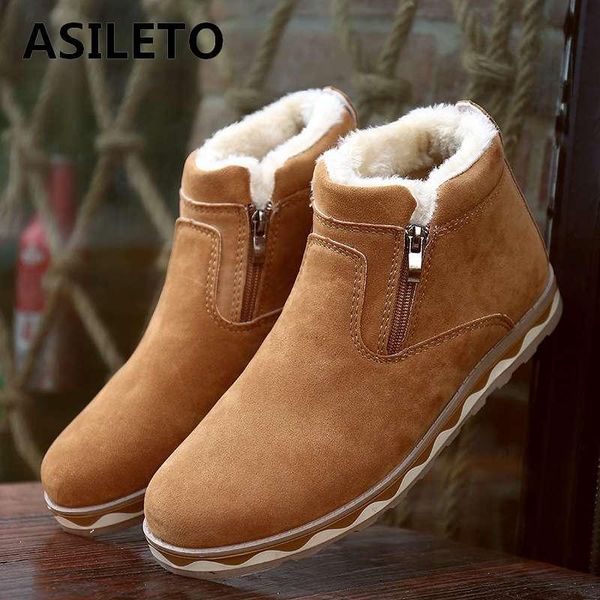 

asileto winter men boots with fur 2020 warm leather snow boots men winter work casual shoes rubber ankle footwear, Black