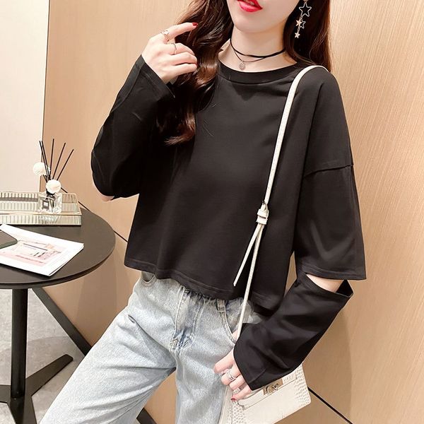 

2020 autumn new korean casual versatile hollow out coat t-shirt long sleeve loose thin short t-shirt fashion z1jxd, Black
