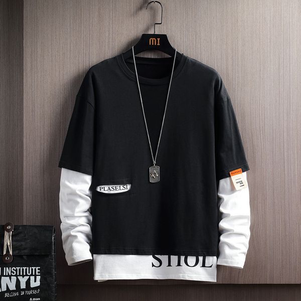 

new fashion fake two piece black blue hoodies 2021 spring autumn hip hop casual men's sweatshirts punk streetwear clothes rj8b