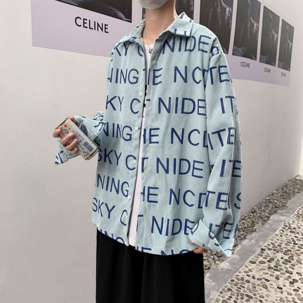 

hmsjs coat loose letter wick coat printed shirt men's korean shirt cool corduroy long sleeve fashion autumn white zkyes, Blue
