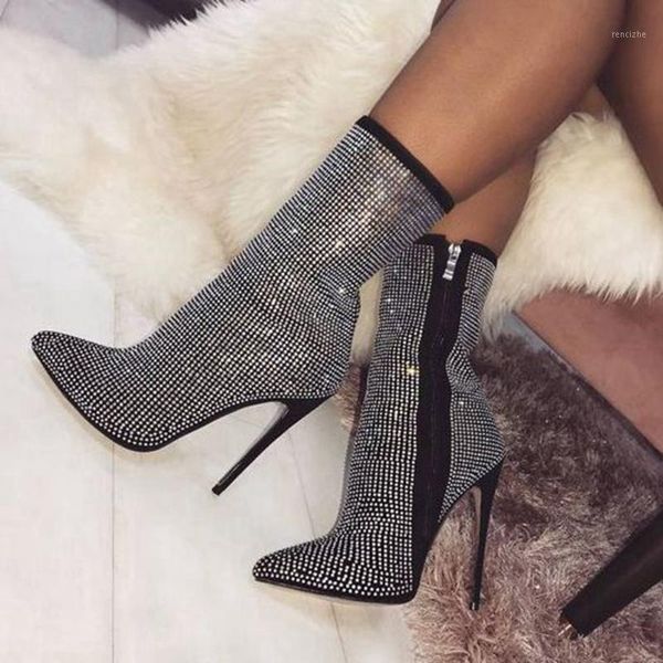 

boots bonjomarisa ins female rhinestone zipper ankle high heels pointed toe women autumn party shoes woman1, Black