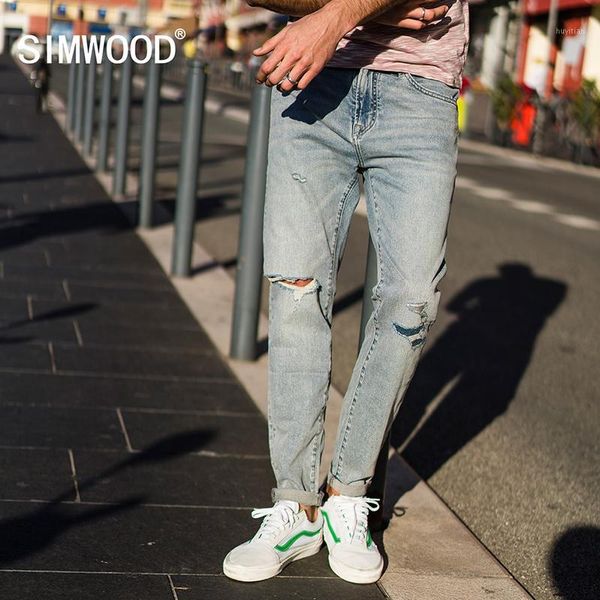 

simwood 2018 spring new hole jeans men fashion ripped denim trousers patchwork slim fit brand clothing plus size 1800751, Blue