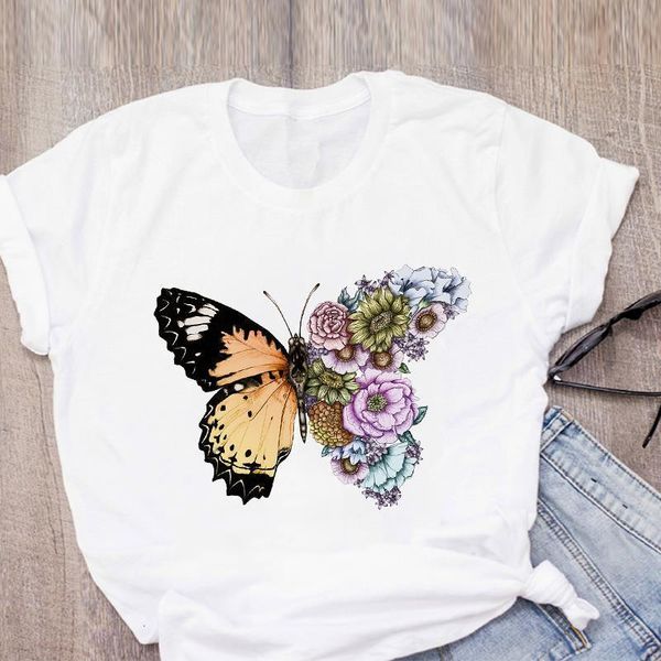 

women graphic butterfly sunflower floral vintage print summer t-shirt shirt lady clothes womens clothing tee female t shirt, White