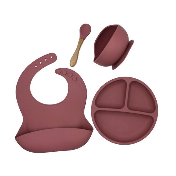 

4pcs/set a baby silicone tableware waterproof bib solid color dinner plate sucker bowl and spoon for children 220209