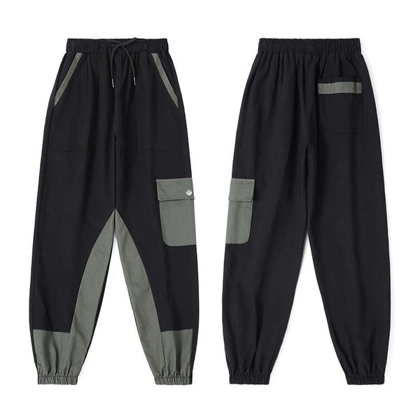 

men's pants men hip hop belt cargo 2021 autumn vintage man patchwork pockets overalls cotton japanese streetwear joggers, Black
