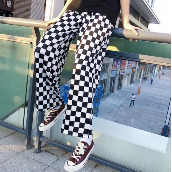 

spring and summer korea harajuku bf wind streetwear retro black white checkerboard loose men and women casual wide-leg pants cx220310
