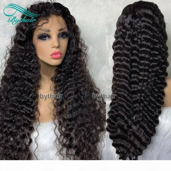 

curly lace front human hair wigs pre plucked hairline virgin brazilian hair glueless full lace wigs with baby hair for black women bythair, Black;brown