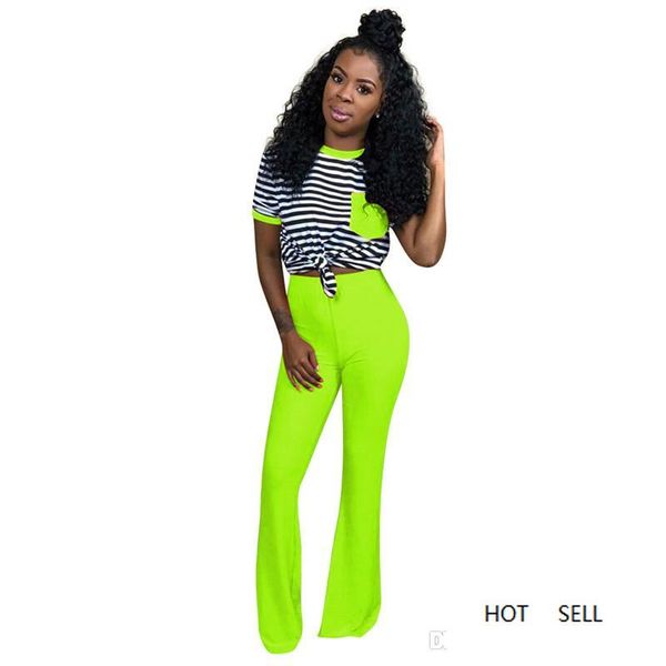 

striped printed women 2pc set casual ladies crew neck loose pants summer fashion designer panelled female apparel, White