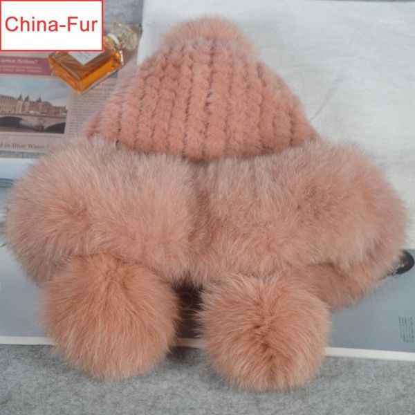 Beanie/Schädel Kappen Dame Winter Outdoor Warm Stricken Echte Echte Pelz Kugeln Hüte Frauen Winddicht Beanies Hut Skullies1