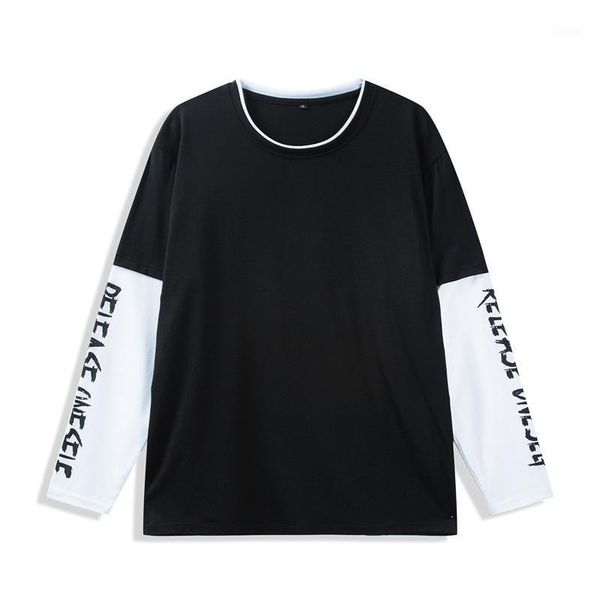 

men's t-shirts 2021 summer splicing long sleeve black t-shirt men soft 100% cotton t shirt casual o-neck loose tee homme, White;black