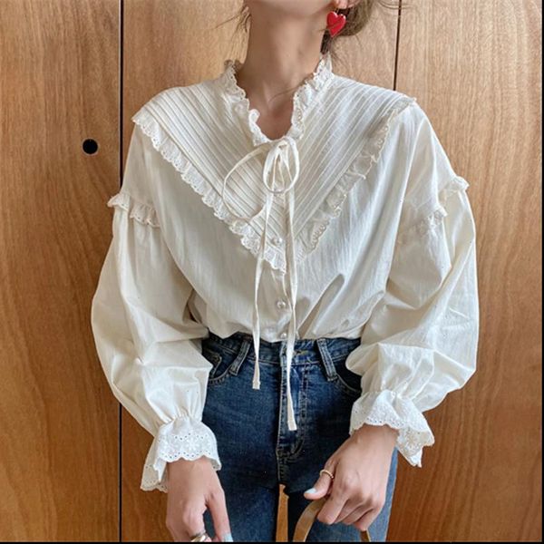 

2021 new arrival hollow out vintage elegant women shirt solid long sleeve korean style loose blouses blusas, White