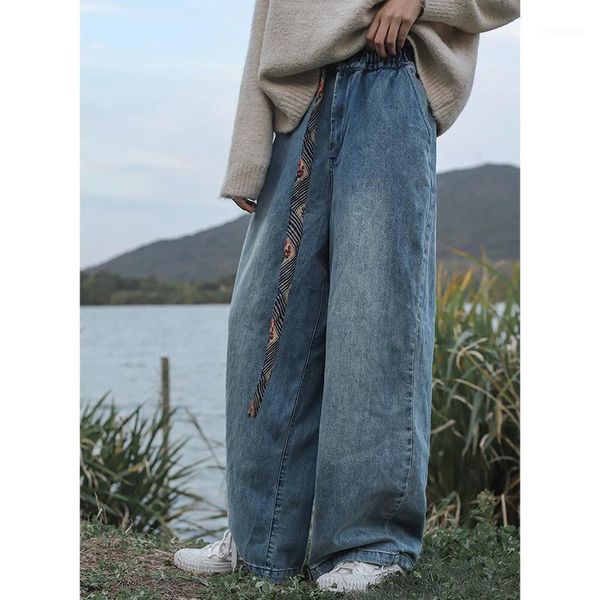 

women jeans 2020 autumn winter large size retro casual denim pants ladies new elastic waist bleached loose all-match trousers1, Blue
