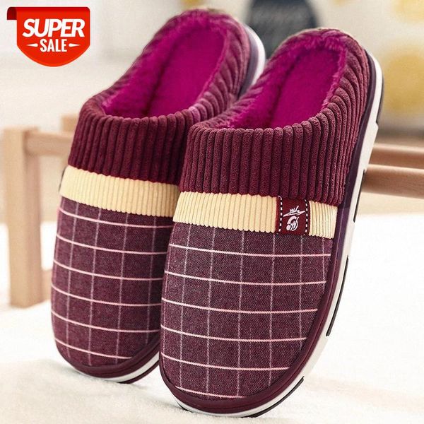 

men winter home indoor slipper plaid pattern shoes cotton fabric slipper women plush warm female and male couple shoes #gw7x, Black