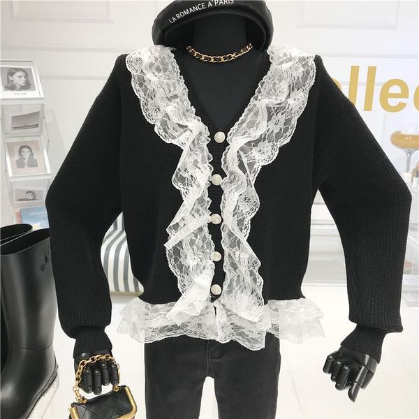 

niche design 2020 autumn and winter new gentle style super fairy lace ruffled knit cardigan v-neck long sleeve sweater jacket1, White