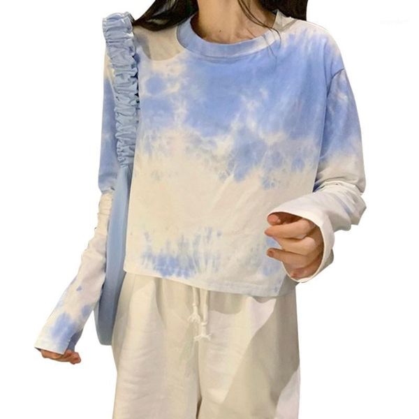 

women comfortable tie-dye short umbilical dress loose long-sleeved t-shirt autumn1, White