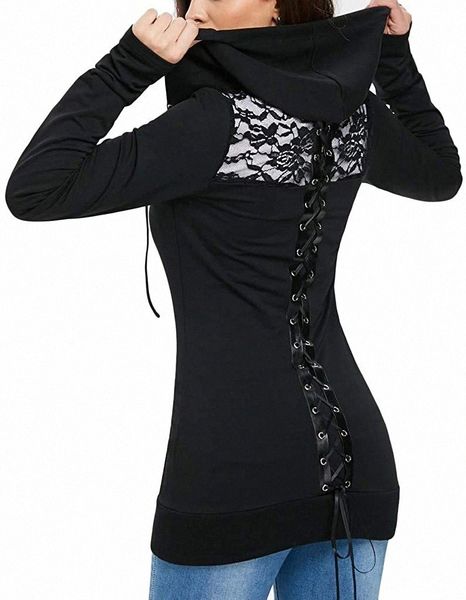 

hoodie for women,inlaid lace on the back hooded sweatshirt drawstring back slim pullover 2020 new-usa in stock 27ot#, Black