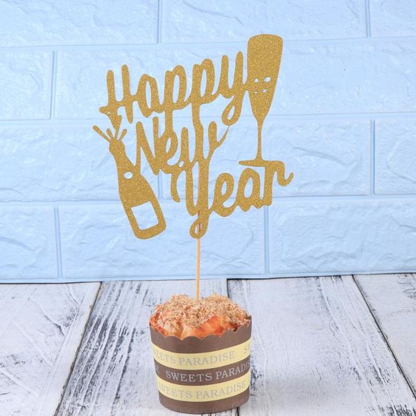 

10 Pcs Glitter Paper Happy New Year Cake Topper Party Dessert Table Decorations with Sticks and Glue (Golden)