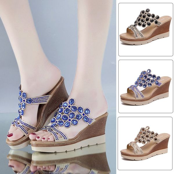 

womens slippers indoor ladies bohemian crystal wedges thick peep toe sandals slippers shoes zapatillas de casa #v32, Black