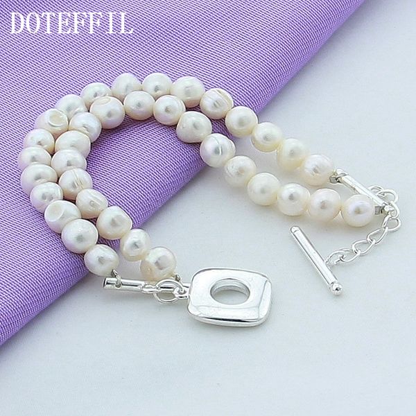 

doteffil 925 sterling silver double chian natural freshwater pearl bracelet for women wedding engagement party jewelry 1028, Black