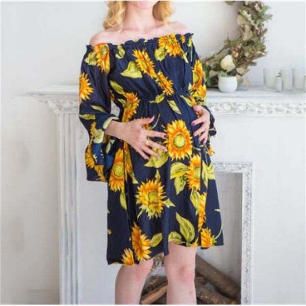 

sunflower print maternity clothes | long sleeves, off the shoulders, casual summer pregnancy dress, elegant clothes lj201118, White