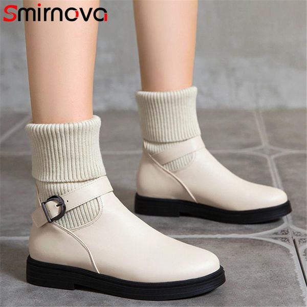 

boots smirnova 2021 fashion casual shoes women ankle pu+knitting autumn winter flat comfortable ladies black